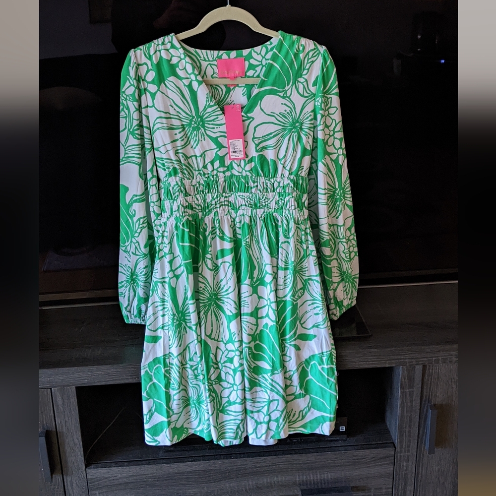 NWT Lilly Pulizter Calla Long Sleeve V Neck Dress - Small, Green & White